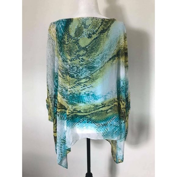JOSEPH RIBKOFF Flowy Chiffon Overlay Blouse Turquoise Green Snake Print Size 10? - Picture 6 of 8